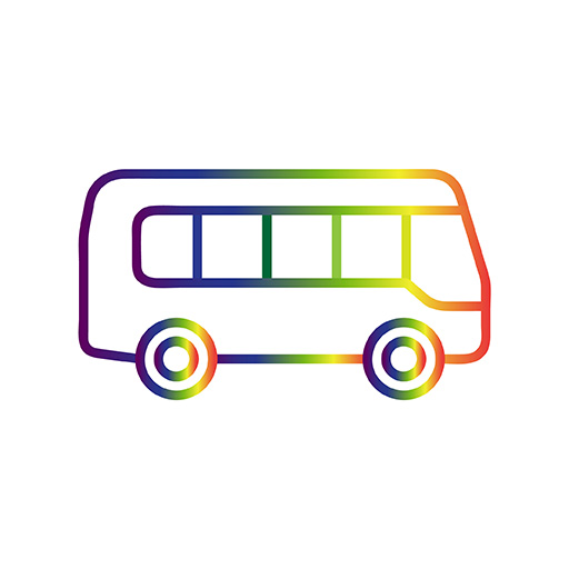 Six Points Bus 512x512 A shuttle bus icon colored with a rainbow gradient is ready to take Six Points clients where they need to go.